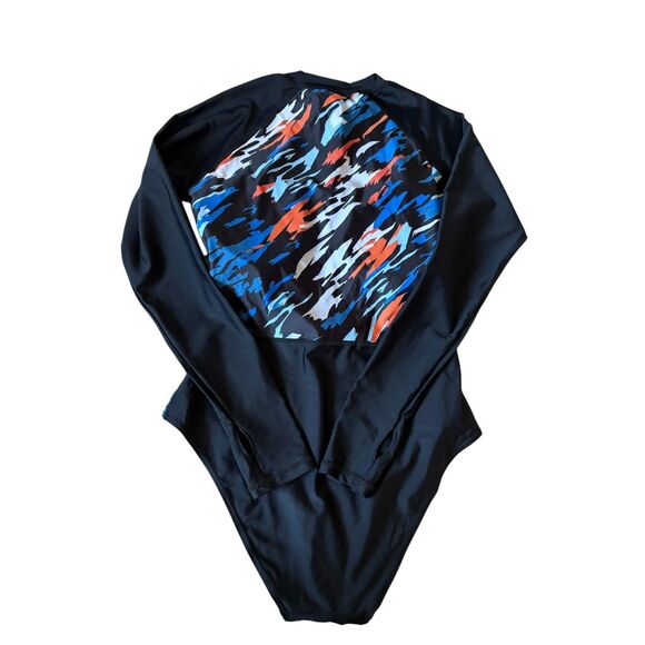 NEW AXESEA Long Sleeve Rash Guard Zipper Surfing One Piece Swimsuit size 8 Black - Picture 4 of 14